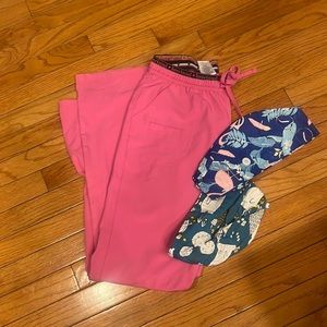 Pink heart soul scrub pants size small and two scrub hats never worn (hats)